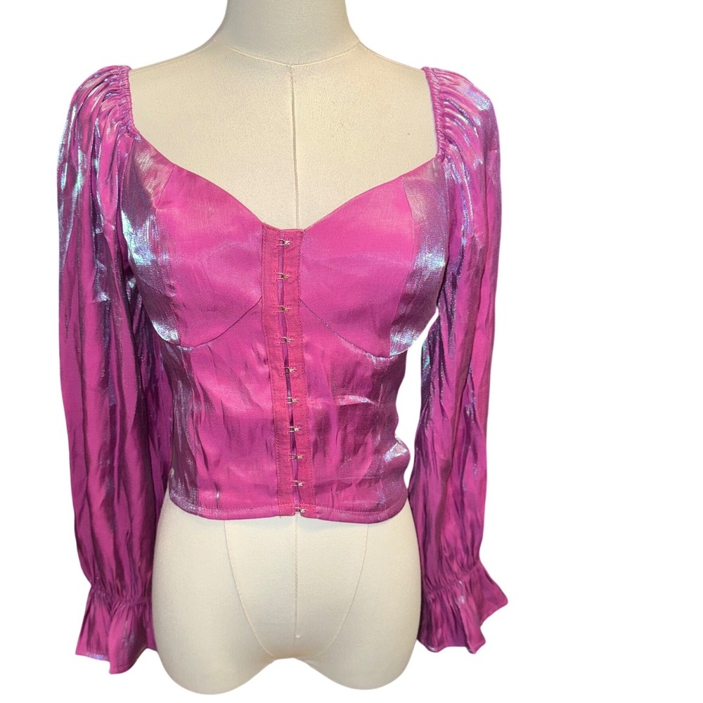 Entro Pink Iridescent‎ Metallic Corset Top Long Balloon Sleeve Womens Small